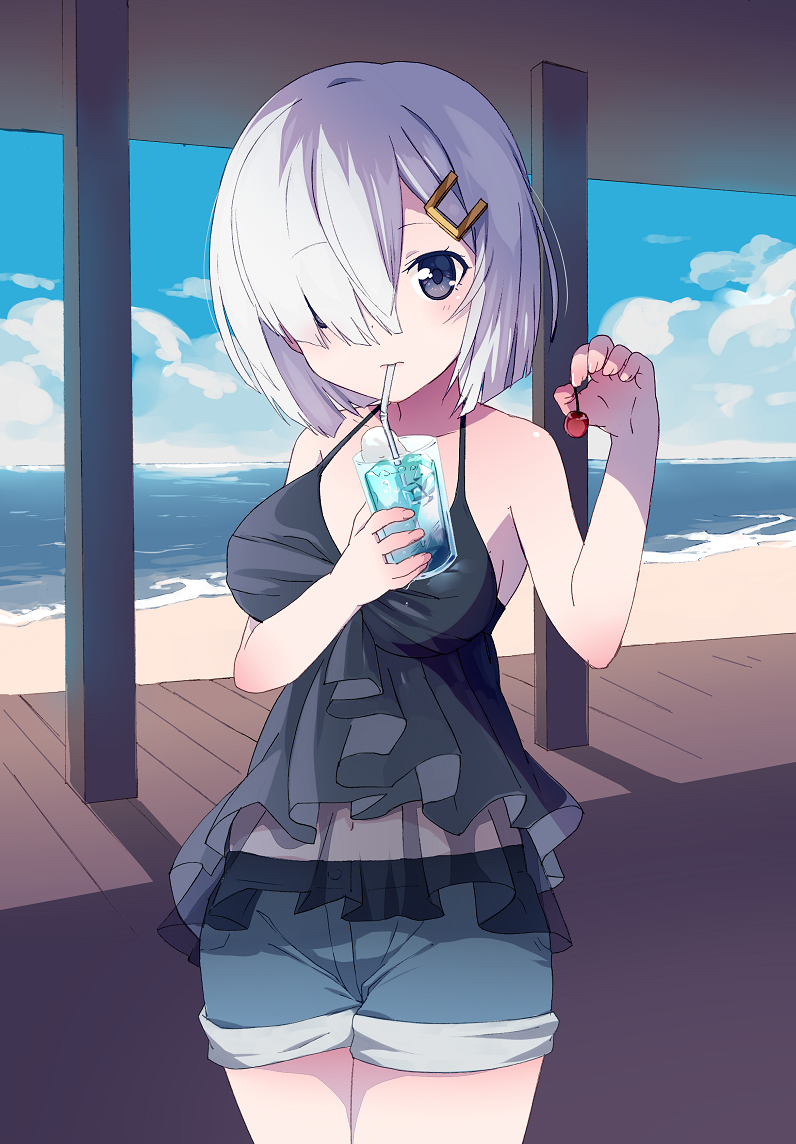 1girl, alternate_costume, asaoka_(0x0), blue_eyes, drink, glass, hair_ornament, hair_over_one_eye, hairclip, hamakaze_(kantai_collection), kantai_collection, short_hair, short_shorts, shorts, silver_hair, solo
