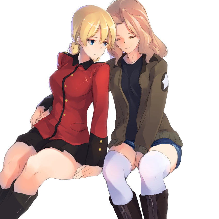 2girls, absurdres, blonde_hair, blue_eyes, bomber_jacket, boots, breasts, darjeeling, denim, denim_shorts, girls_und_panzer, highres, jacket, kay_(girls_und_panzer), multiple_girls, shorts, skirt, smile, thigh-highs, wawawa_(hisuterisisusa), white_background, white_legwear