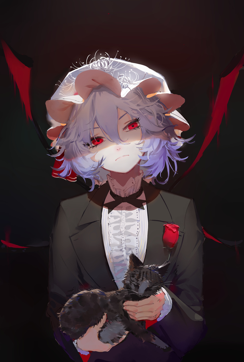 1girl, alternate_costume, black_cat, cat, closed_mouth, expressionless, flower, hat, hat_ribbon, highres, hoshimawa, lavender_hair, looking_at_viewer, mob_cap, red_eyes, red_ribbon, red_rose, remilia_scarlet, ribbon, rose, short_hair, the_godfather, touhou, tuxedo