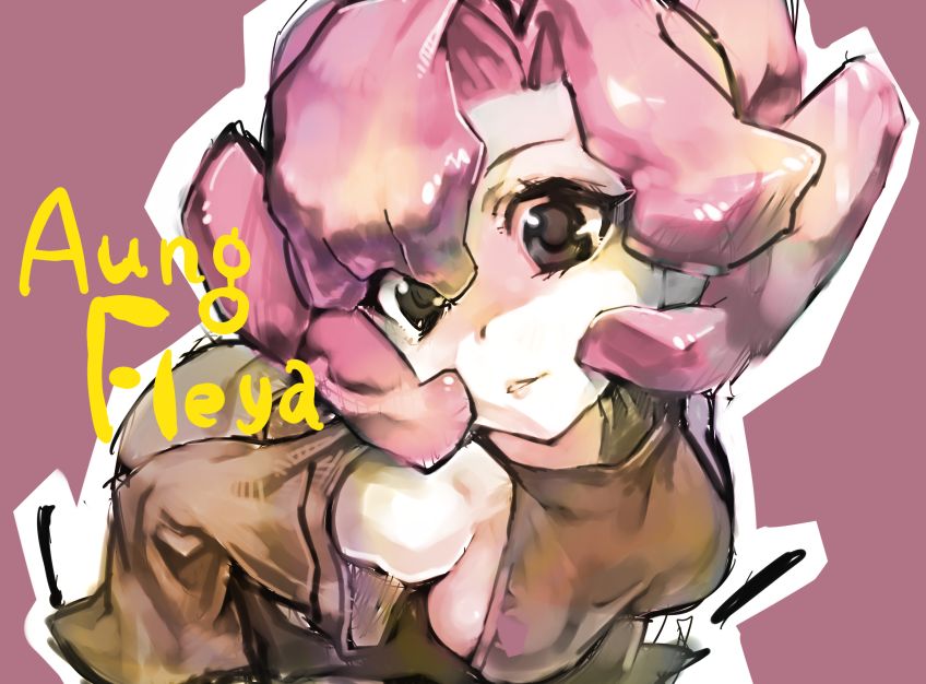 aun_freya, breasts, brown_eyes, leaning_forward, photon, pink_hair, rough, sideboob