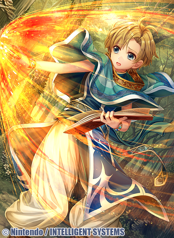 1boy, blonde_hair, blue_eyes, book, bracelet, cape, company_name, crying