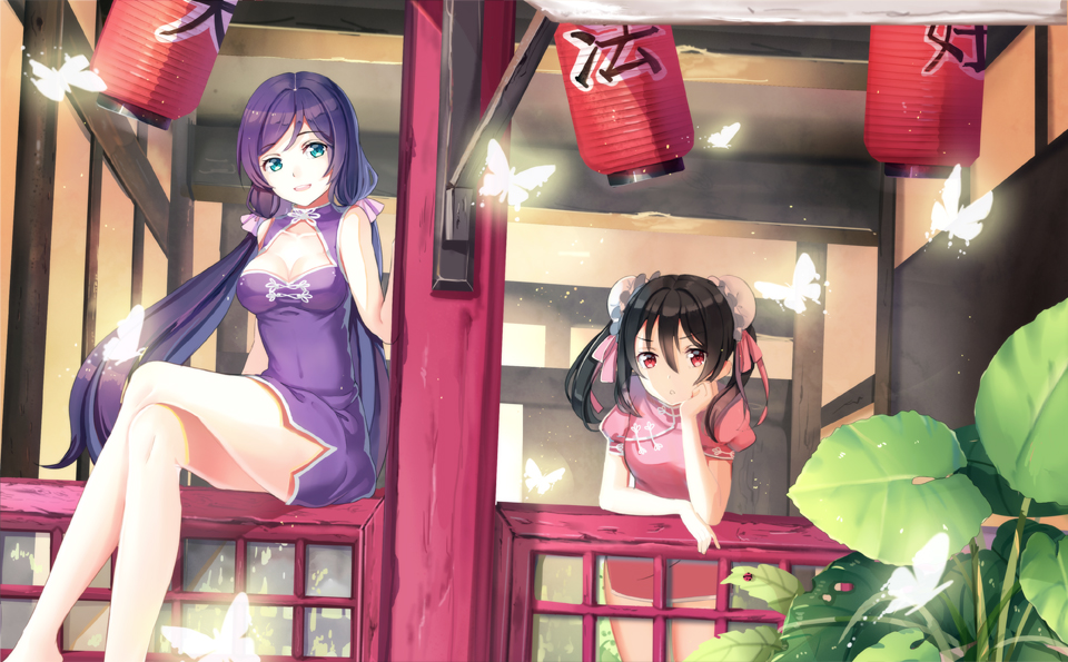 2girls, aqua_eyes, black_hair, breasts, butterfly, china_dress, chinese_clothes, cleavage