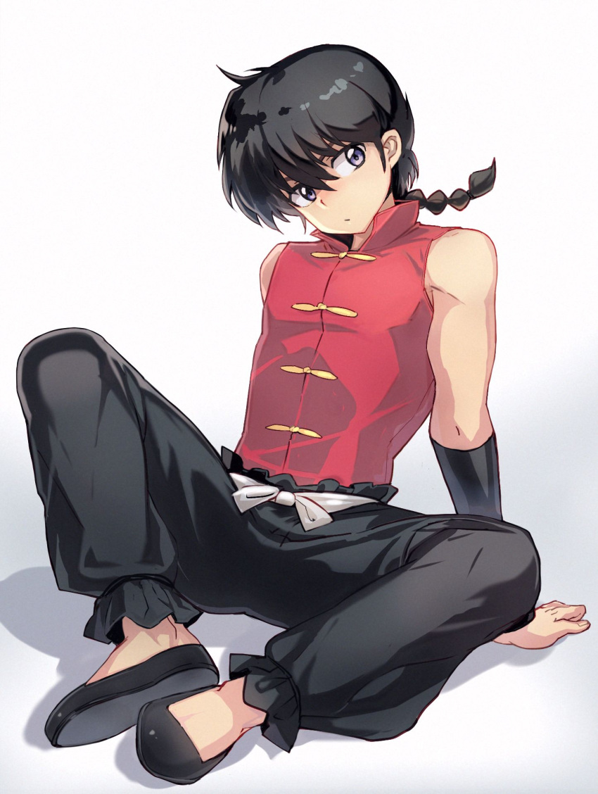 1boy, arm_warmers, bare_shoulders, black_hair, black_pants, black_shoes, braid, chinese_clothes