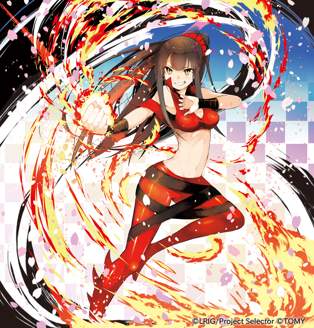 1girl, black_hair, breasts, brown_eyes, crop_top, grin, long_hair, looking_at_viewer
