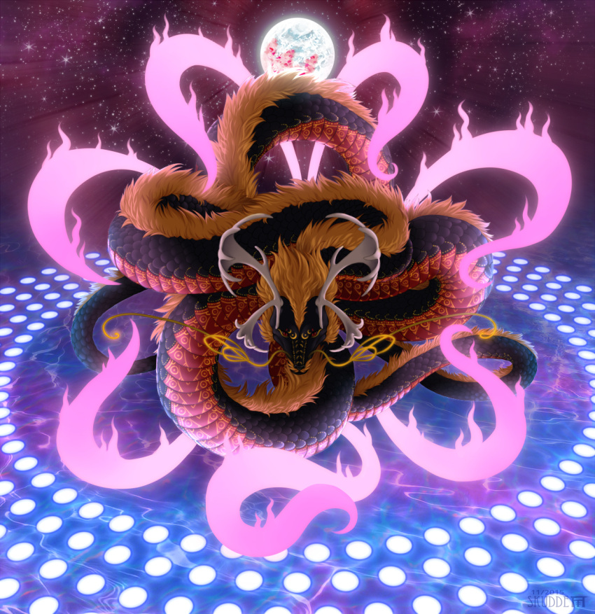 animalization, blonde_hair, commentary, danmaku, dragon, earth, eastern_dragon, fur