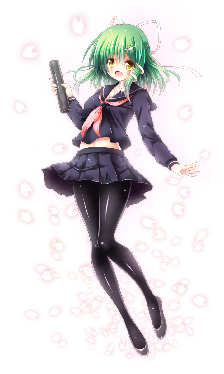 1girl, :d, alternate_costume, black_legwear, black_serafuku, black_skirt, contemporary, diploma