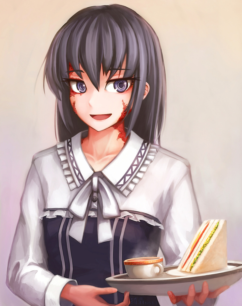 1girl, :d, absurdres, black_hair, burn_scar, collarbone, cup, dorei_to_no_seikatsu_~teaching_feeling~
