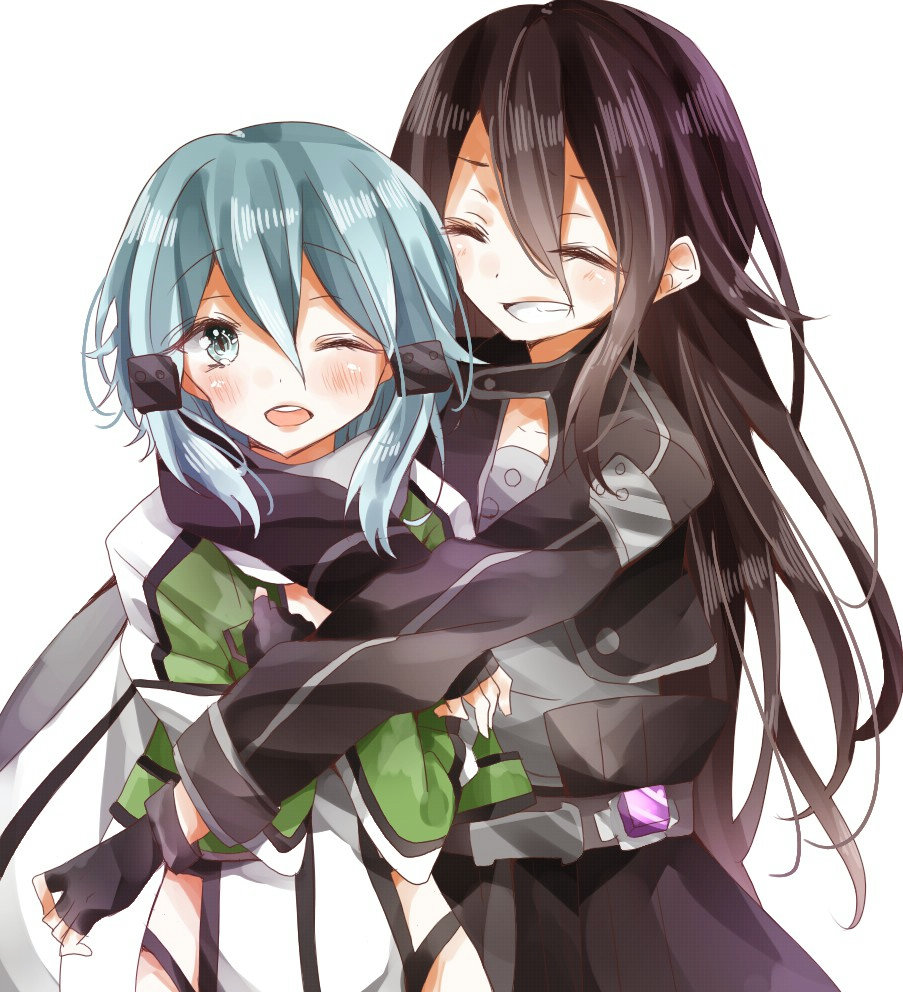 1boy, 1girl, black_hair, blue_eyes, blue_hair, chima_(fusigiko), fingerless_gloves, gloves