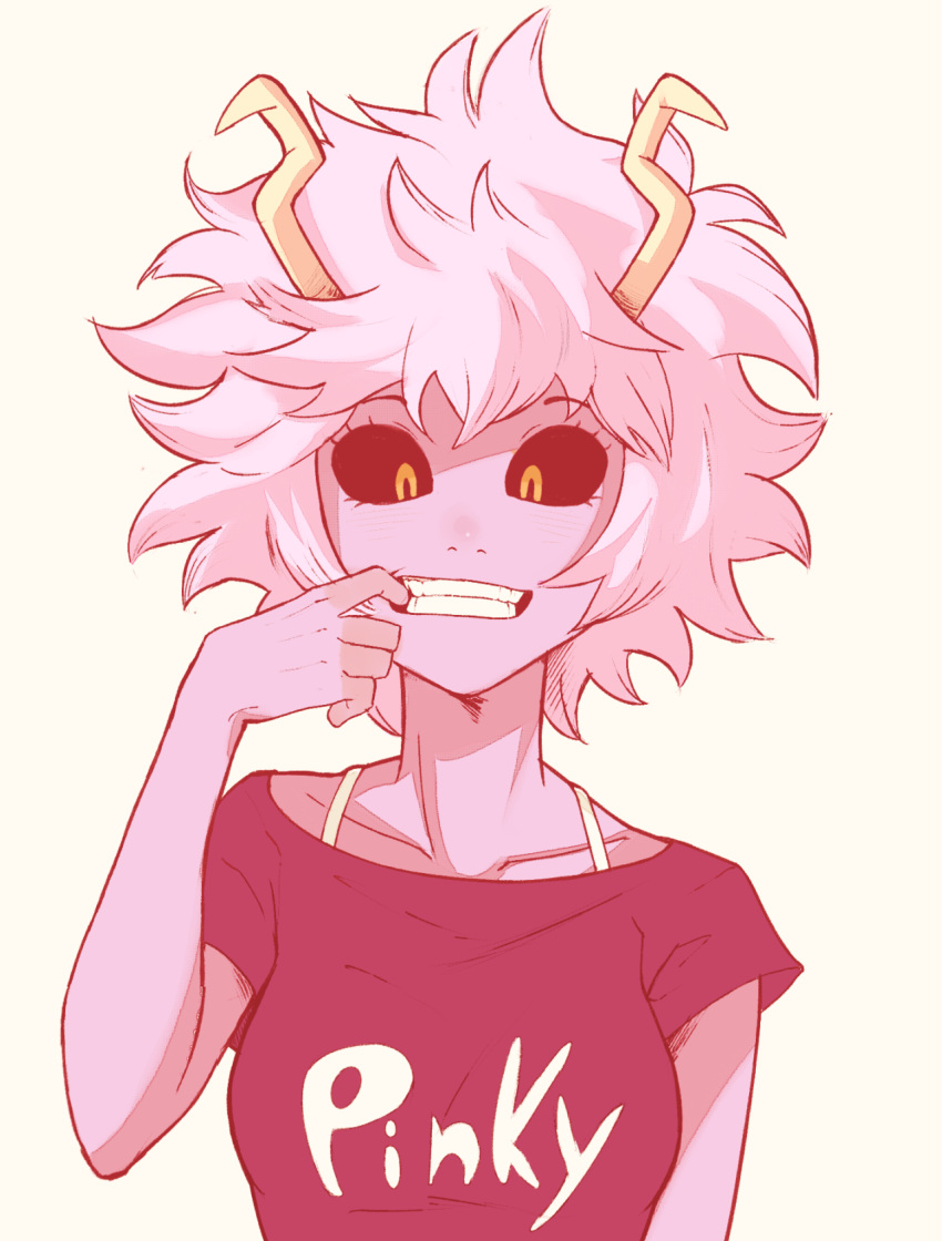 1girl, ashido_mina, black_sclera, boku_no_hero_academia, fingersmile, grin, highres, horns