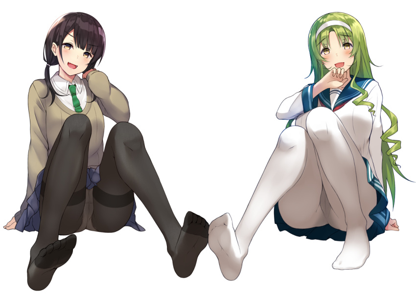 >:d, 2girls, :d, black_hair, black_legwear, commentary, crotch_seam, fang