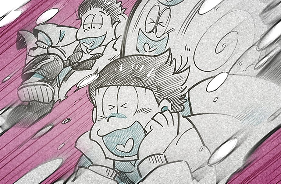 >_<, 3boys, brothers, closed_eyes, hand_on_hip, hanten_(clothes), limited_palette, m0da, male_focus, matsuno_ichimatsu, matsuno_juushimatsu, matsuno_todomatsu, multiple_boys, osomatsu-kun, osomatsu-san, partially_colored, purple_background, siblings, sketch, sliding, smile