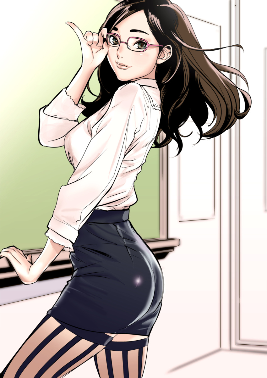 1girl, adjusting_glasses, ass, blouse, brown_eyes, brown_hair, chalkboard, classroom, dtym, from_side, glasses, hair_blowing, highres, indoors, light_smile, lips, long_hair, looking_at_viewer, looking_back, miniskirt, original, pencil_skirt, pinky_out, skirt, smile, solo, striped, striped_legwear, teacher, thigh-highs, vertical-striped_legwear, vertical_stripes, white_blouse, zettai_ryouiki