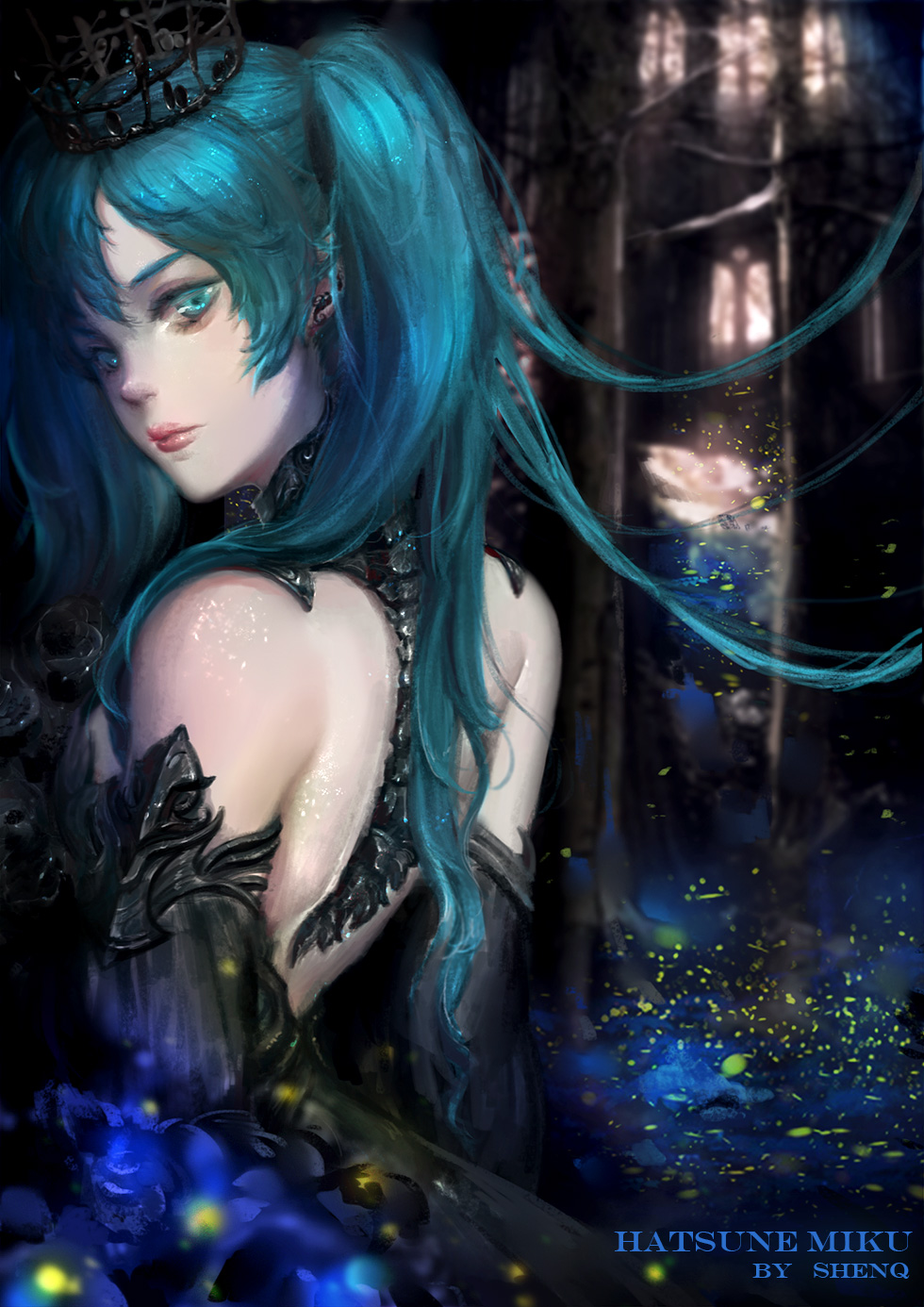 1girl, alternate_costume, artist_name, bangs, black_dress, blue_eyes, blue_flower, blue_hair