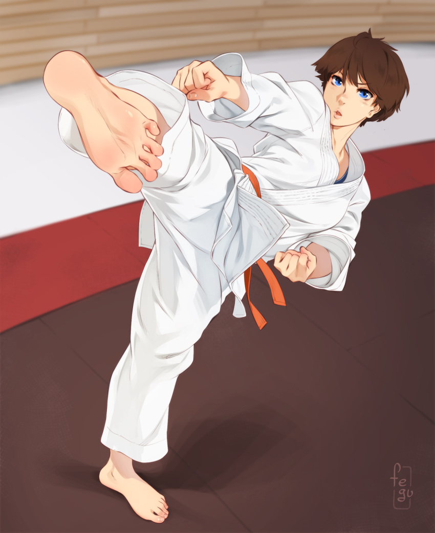 1girl, blue_eyes, brown_hair, clenched_hands, feet, feguimel, fighting_stance, highres
