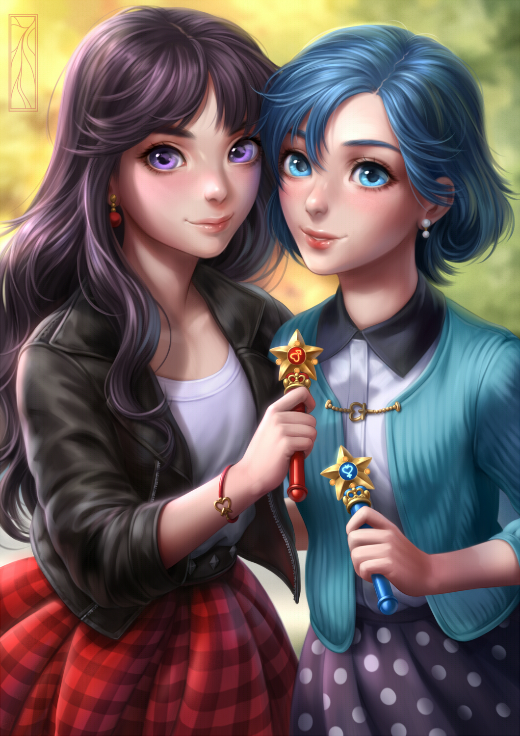 2girls, bangs, bishoujo_senshi_sailor_moon, black_hair, black_jacket, blue_eyes, blue_hair, blurry_background