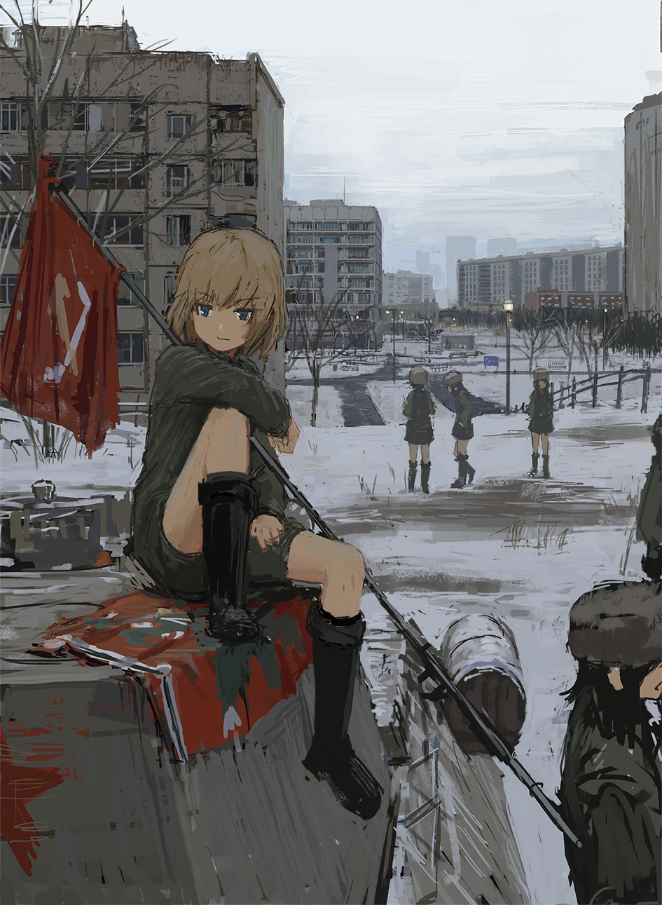 6+girls, blonde_hair, blue_eyes, boots, flag, girls_und_panzer, hat, highres