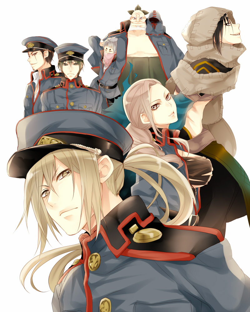 abe_no_sousei, ashiya_mutsuki, beard, black_hair, blonde_hair, donten_ni_warau, facial_hair, hat, hood, inukai_zenzou, kagami_naoto, long_hair, mask, mizuki_hau, ponytail, purple_hair, sasaki_kiiko, scar, shi_chenran, takamine_seiichirou, takeda_rakuchou, uniform, violet_eyes