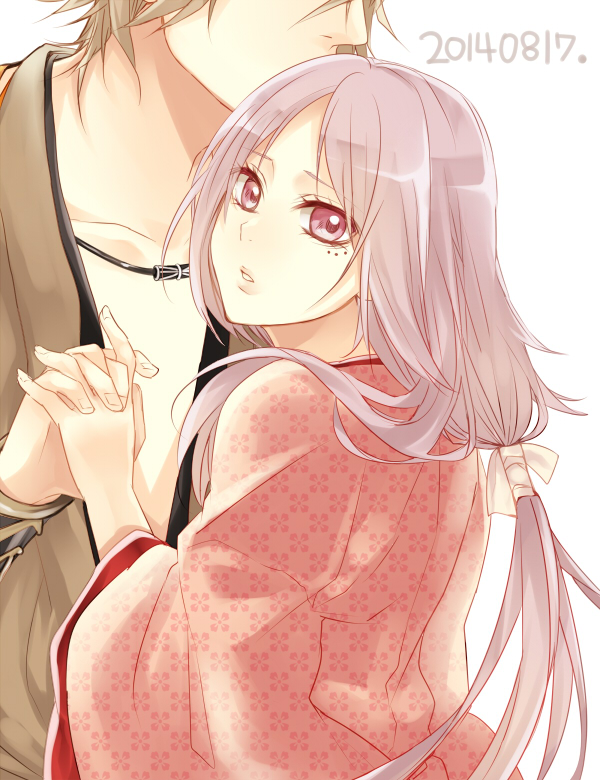 1boy, 1girl, botan_(donten_ni_warau), brown_hair, couple, donten_ni_warau, hair_kiss, hetero, hirari_(donten_ni_warau), interlocked_fingers, long_hair, mizuki_hau, purple_hair, short_hair