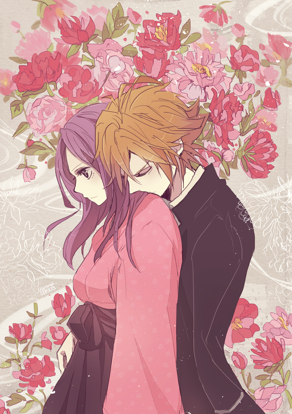 1boy, 1girl, botan_(donten_ni_warau), brown_hair, closed_eyes, donten_ni_warau, flower, highres, hirari_(donten_ni_warau), lightningstrikes, long_hair, peony_(flower), purple_hair, short_hair, violet_eyes