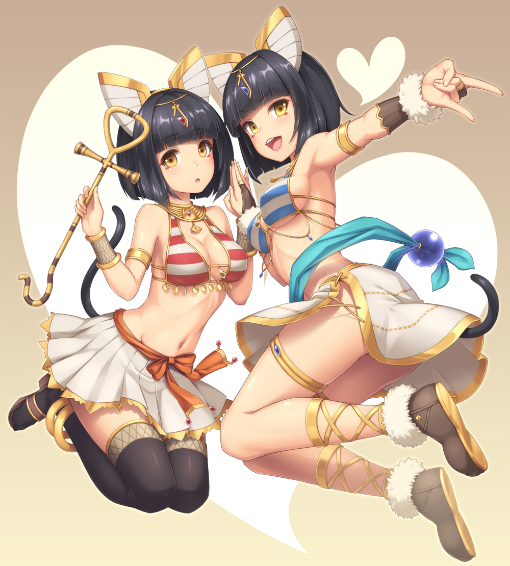 2girls, :d, :o, \n/, animal_ears, ankh, anklet, armlet