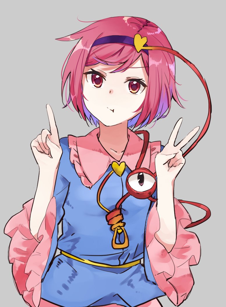 1girl, collarbone, collared_shirt, eyeball, grey_background, hairband, heart, index_finger_raised, komeiji_satori, long_sleeves, looking_at_viewer, noose, pink_eyes, pink_hair, pout, shirt, short_hair, simple_background, solo, taiki_(ozone), third_eye, touhou, v, wide_sleeves