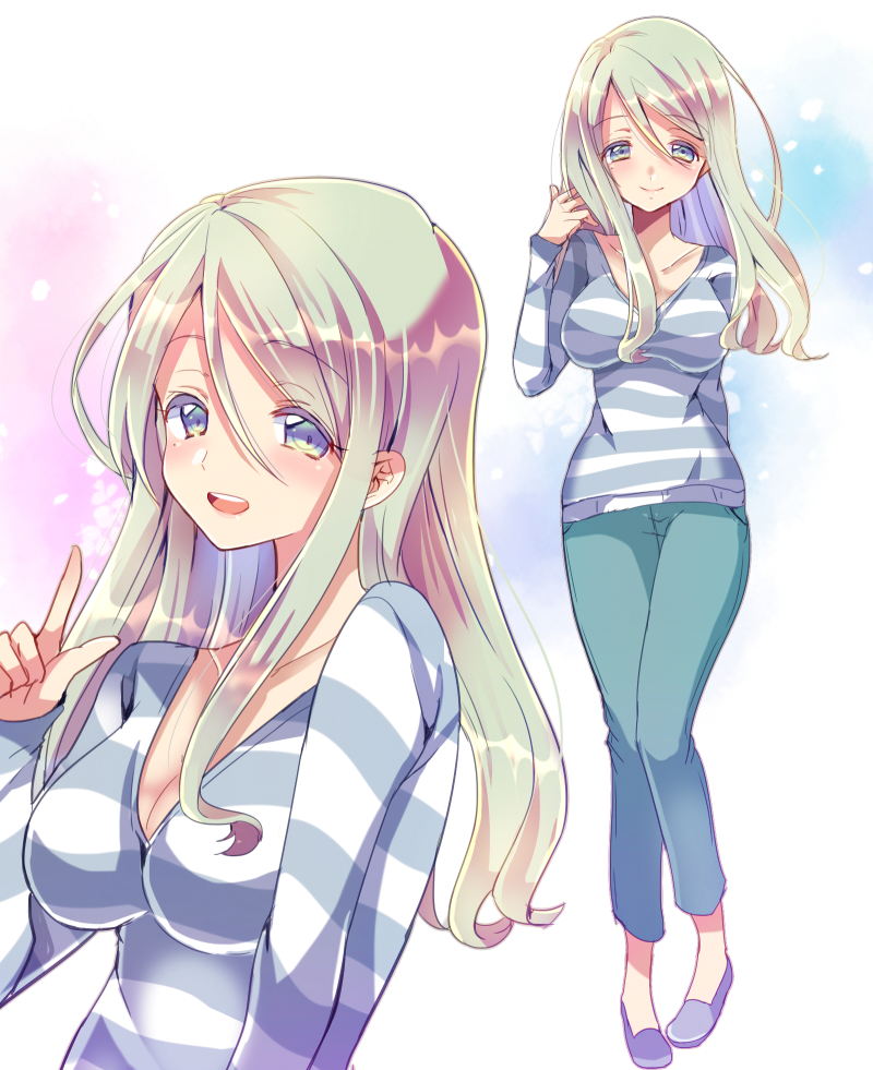 1girl, aqua_eyes, blonde_hair, blush, breasts, chihiro_(oimo), cleavage, long_hair