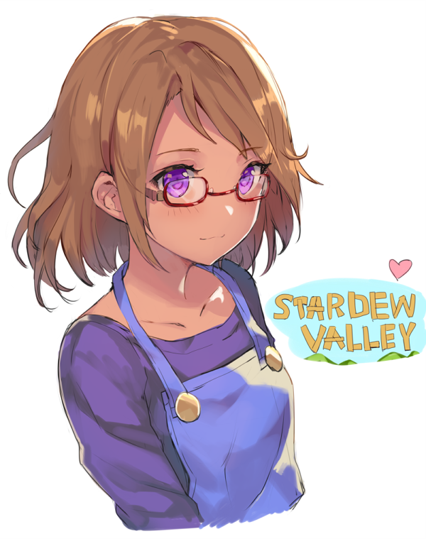 1girl, blush, brown_hair, copyright_name, dark_skin, glasses, looking_at_viewer, maru_(stardew_valley)