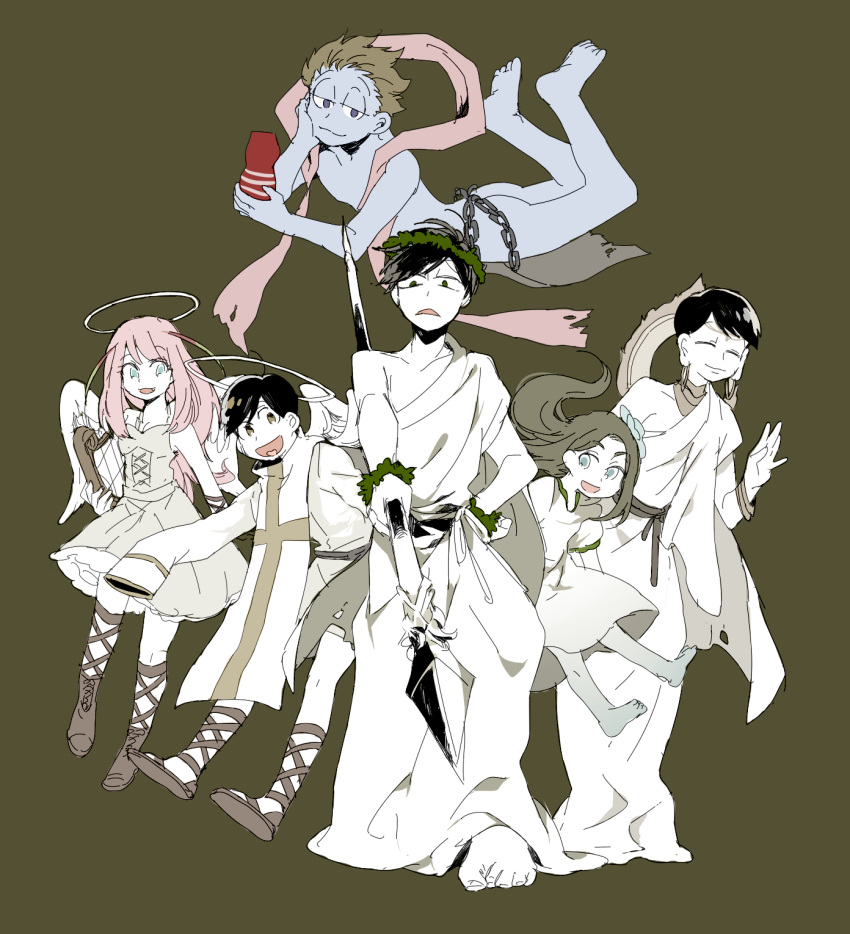 2girls, 4boys, :d, aiming_at_viewer, alternate_costume, angel, angel_wings, bangs, bare_shoulders, barefoot, black_hair, blue_flower, blue_skin, boots, bracelet, brown_hair, chain, cross-laced_clothes, cross-laced_footwear, d:, dress, earrings, feathered_wings, floating, flower, flower_fairy_(osomatsu-kun), flying, god, grey_background, hagoromo, hair_flower, hair_ornament, halo, hashimoto_nyaa, head_wreath, heart, heart_in_mouth, highres, holding, holding_weapon, hoop_earrings, jewelry, kamimatsu, long_sleeves, looking_at_viewer, matsuno_choromatsu, matsuno_ichimatsu, matsuno_juushimatsu, multiple_boys, multiple_girls, necklace, nude, open_mouth, osomatsu-kun, osomatsu-san, pink_hair, polearm, popokuri, sandals, shawl, simple_background, sketch, sleeves_past_wrists, smile, spear, standing, swept_bangs, toga, triangle_mouth, weapon, wings