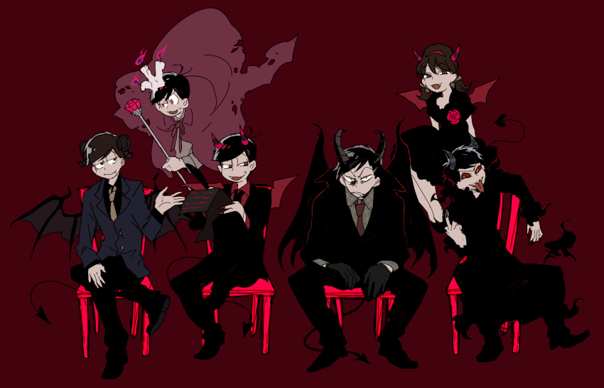 1girl, 5boys, :3, :d, :o, akumatsu, alternate_costume, atsushi_(osomatsu-san)