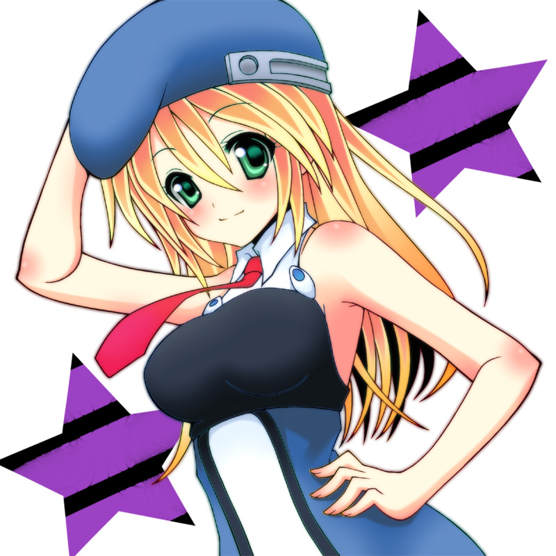 bare_shoulders, beret, blazblue, blonde_hair, blush, green_eyes, hat, kabe_(ryuryuta)