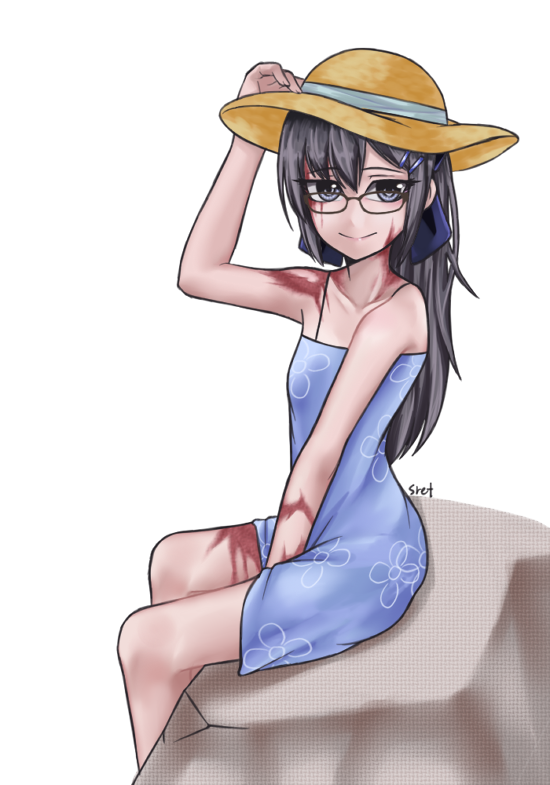 1girl, artist_name, bare_shoulders, bespectacled, between_legs, black_hair, bow, burn_scar