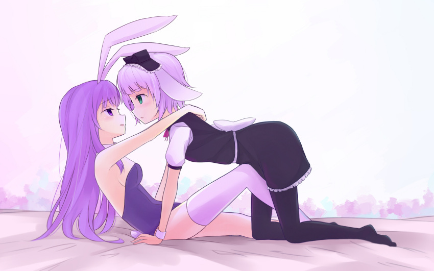 2girls, animal_ears, black_legwear, bunny_girl, bunny_tail, bunnysuit, detached_collar, erina_(rabi-ribi)