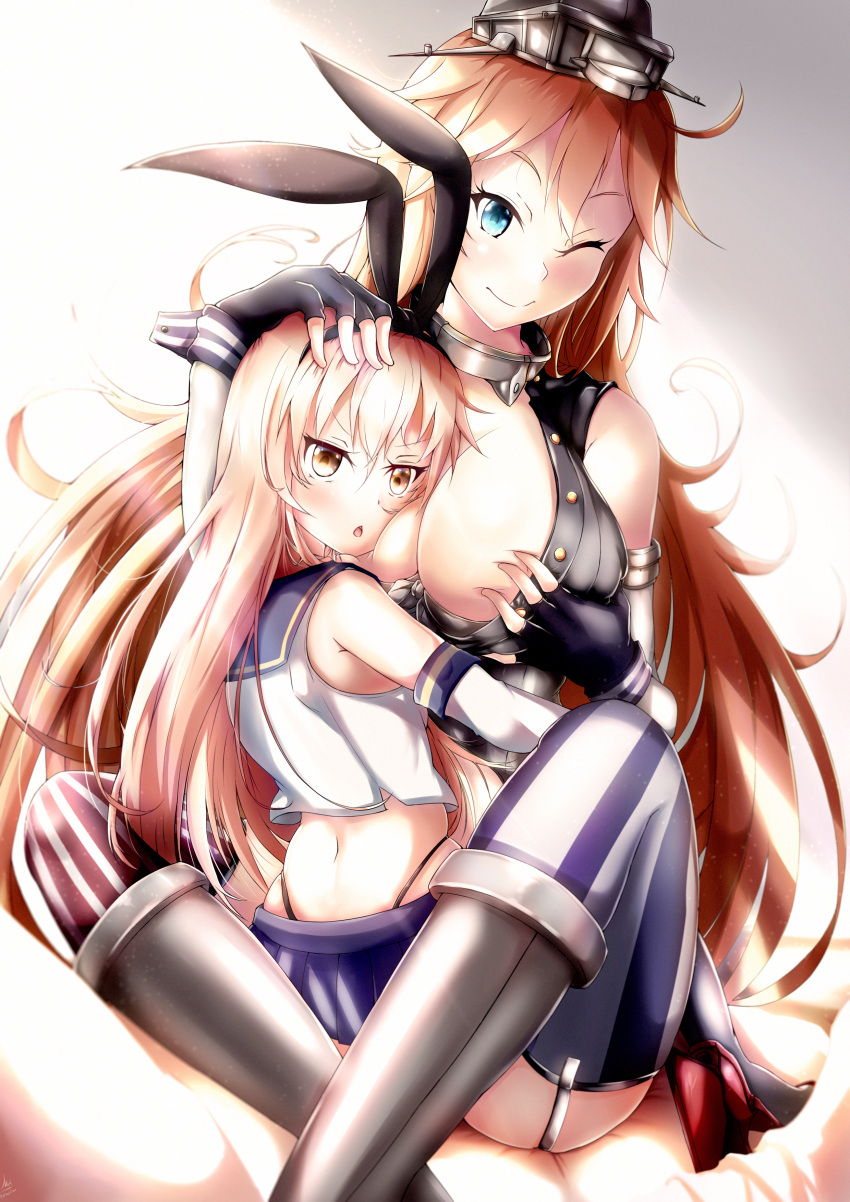 2girls, absurdres, blonde_hair, blue_eyes, breasts, brown_eyes, cleavage, elbow_gloves