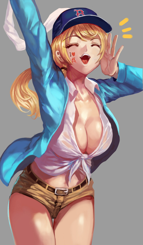 /\/\/\, 1girl, ^_^, arm_up, baseball_cap, belt, blonde_hair, blue_hat