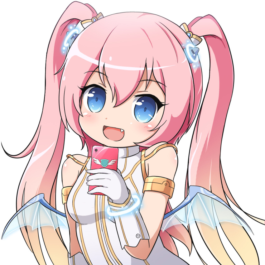 1girl, :d, angelic_buster, bare_shoulders, bat_wings, blonde_hair, blue_eyes, blush