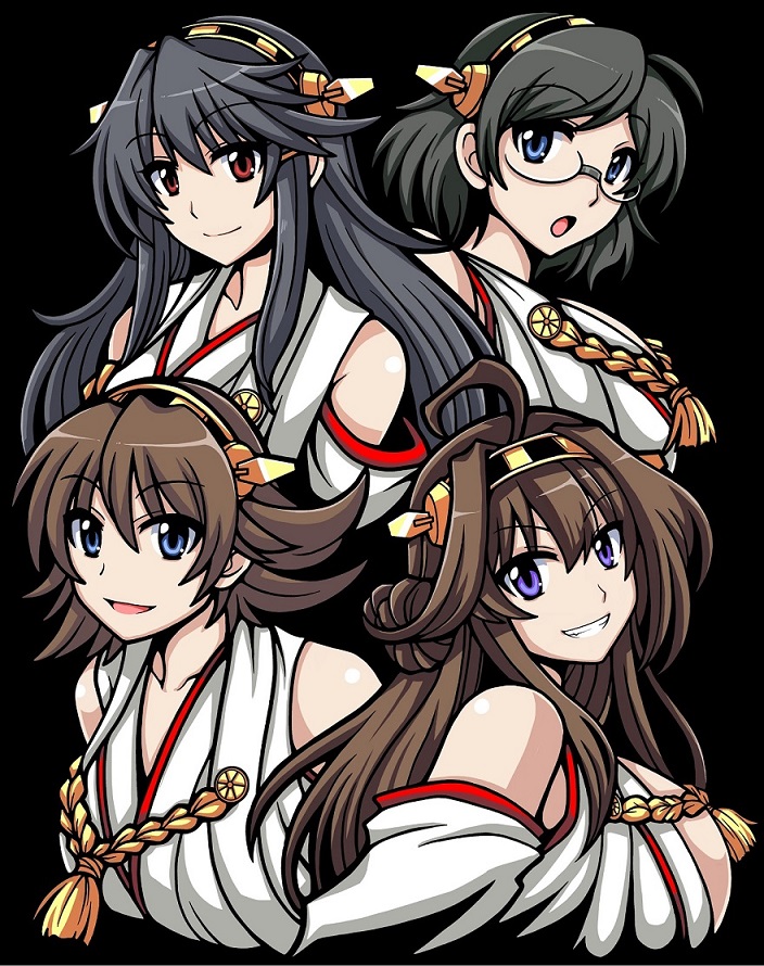 4girls, :o, bare_shoulders, black_background, blue_eyes, breasts, detached_sleeves, grin