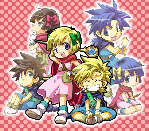 3boys, 3girls, :p, bianca's_daughter, bianca's_son, bianca's_son, black_hair, blonde_hair, blue_eyes, blue_hair, blush, cape, chibi, chiezo, cute, deborah's_daughter, deborah's_son, deborah's_daughter, deborah's_son, dragon_quest, dragon_quest_v, dress, flora's_daughter, flora's_son, flora's_daughter, flora's_son, friends, gloves, grin, lowres, open_mouth, purple_eyes, short_hair, smile, spiked_hair, spiky_hair, staff, sword, time_paradox, tongue, violet_eyes, weapon