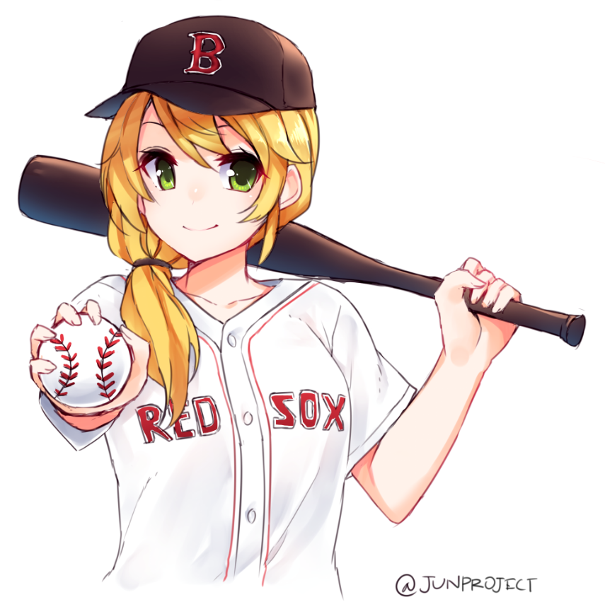 1girl, artist_name, baseball, baseball_bat, baseball_cap, blonde_hair, blush, boston_red_sox, brown_hat, brown_ribbon, buttons, closed_mouth, clothes_writing, collarbone, ellen_baker, green_eyes, hair_over_shoulder, hair_ribbon, hat, holding_ball, jun_project, long_hair, low_ponytail, major_league_baseball, new_horizon, outstretched_arm, over_shoulder, ribbon, shirt, simple_background, smile, solo, stitches, upper_body, uppercut, white_background, white_shirt