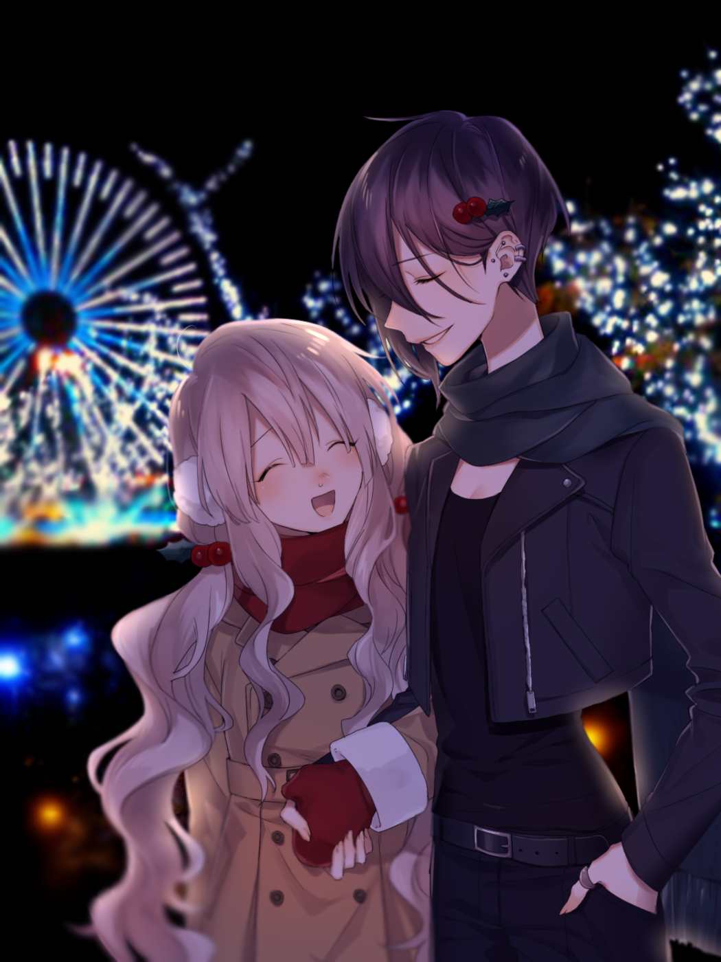 2girls, :d, belt, black_hair, blonde_hair, blurry, blush, closed_eyes, coat, copyright_request, depth_of_field, ear_clip, ear_studs, earmuffs, earrings, gurico, hair_between_eyes, hair_bobbles, hair_ornament, hand_in_pocket, hands_together, highres, holding_hands, jewelry, long_hair, long_sleeves, mittens, multiple_girls, night, nose_blush, open_mouth, outdoors, pants, parted_lips, profile, ring, scarf, shirt, short_hair, smile, thumb_ring, wavy_hair