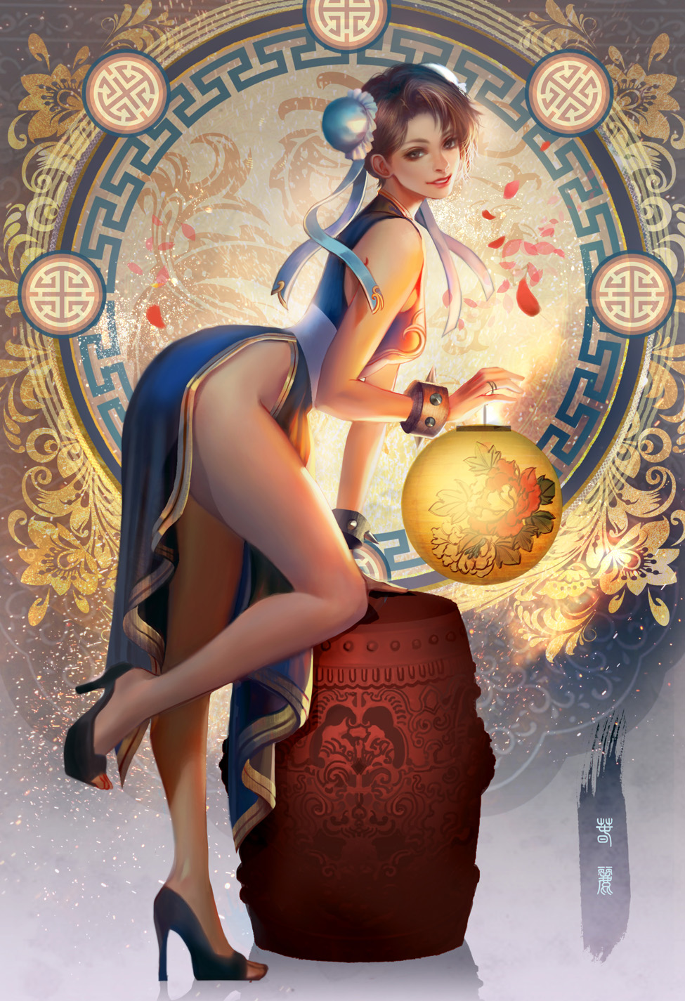 1girl, :d, artist_request, bare_legs, black_shoes, blue_dress, bracelet, bun_cover