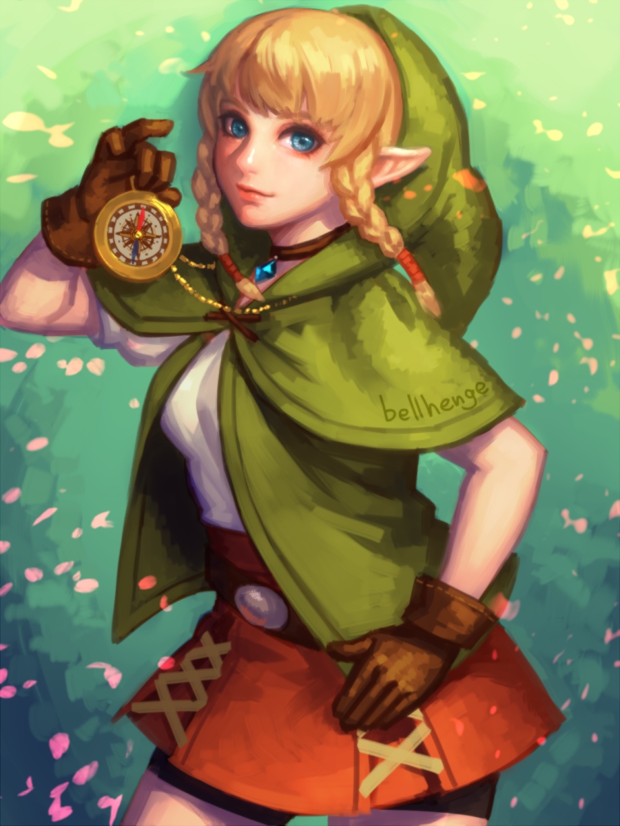 1girl, artist_name, bellhenge, belt, bike_shorts, black_shorts, blonde_hair, blue_eyes