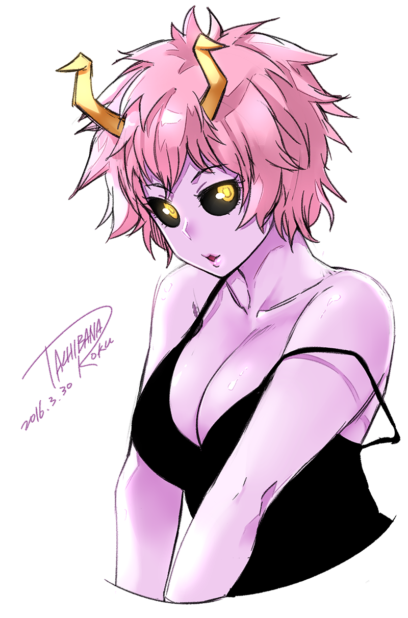 1girl, artist_name, ashido_mina, black_sclera, boku_no_hero_academia, breasts, cleavage, collarbone