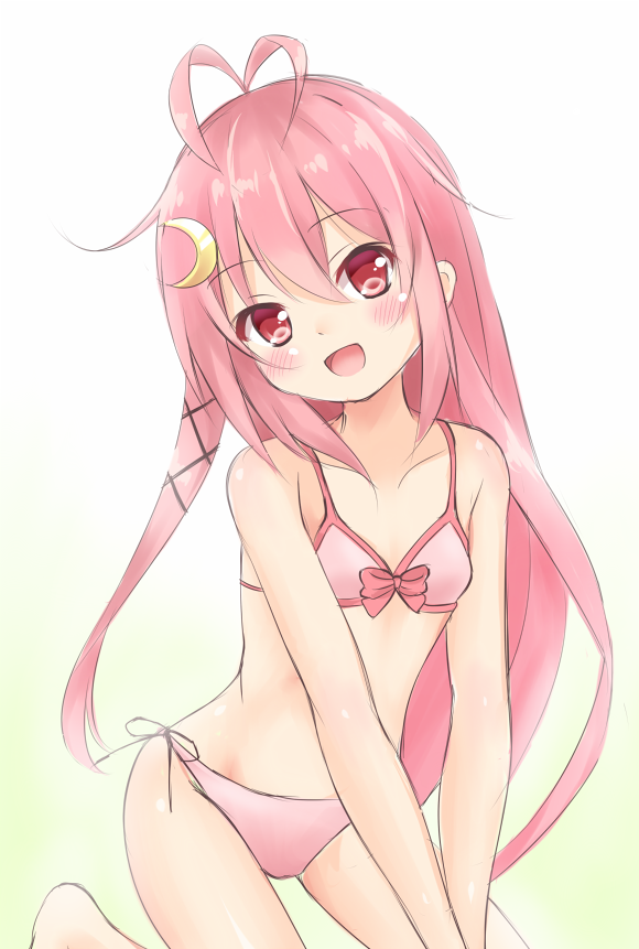 1girl, bikini, crescent, crescent_hair_ornament, fujii_tatsuya, hair_ornament, hair_ribbon, kantai_collection, long_hair, pink_hair, red_eyes, ribbon, swimsuit, uzuki_(kantai_collection)
