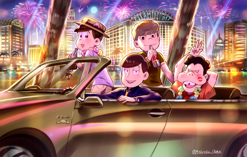 4boys, afro, alcohol, atsushi_(osomatsu-san), beer, black_hair, boater_hat, bottle