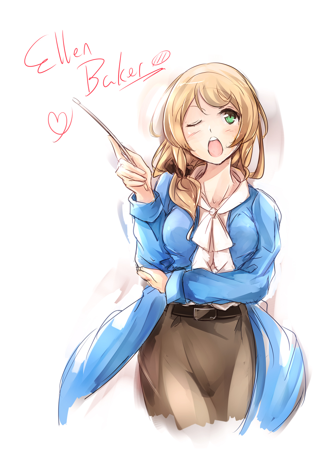 1girl, ;o, belt, blonde_hair, blush, brown_skirt, character_name, ellen_baker