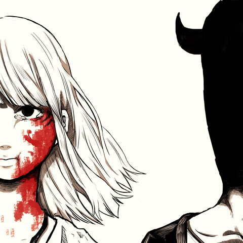 1boy, 1girl, blood, blood_on_face, half_updo, lowres, onodera_punpun, oyasumi_punpun