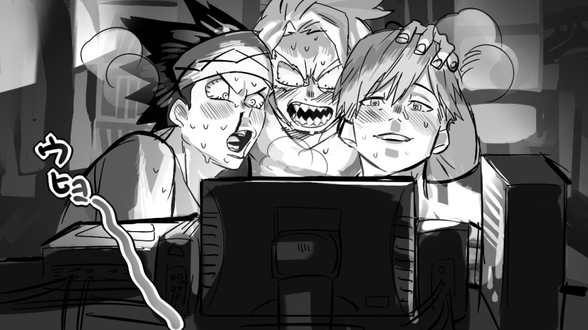 3boys, awase_yousetsu, blood, bloodshot_eyes, blush, boku_no_hero_academia, computer, greyscale