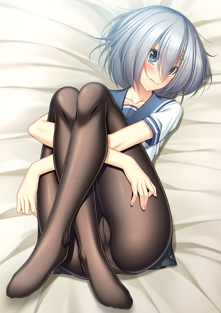 1girl, black_legwear, blue_eyes, blush, eyes_visible_through_hair, hair_ornament, hair_over_one_eye, hairclip, hamakaze_(kantai_collection), kantai_collection, leg_hug, looking_at_viewer, lying, muo0409, no_gloves, on_back, panties, panties_under_pantyhose, pantyhose, pleated_skirt, school_uniform, serafuku, short_hair, short_sleeves, silver_hair, skirt, solo, underwear, wavy_mouth