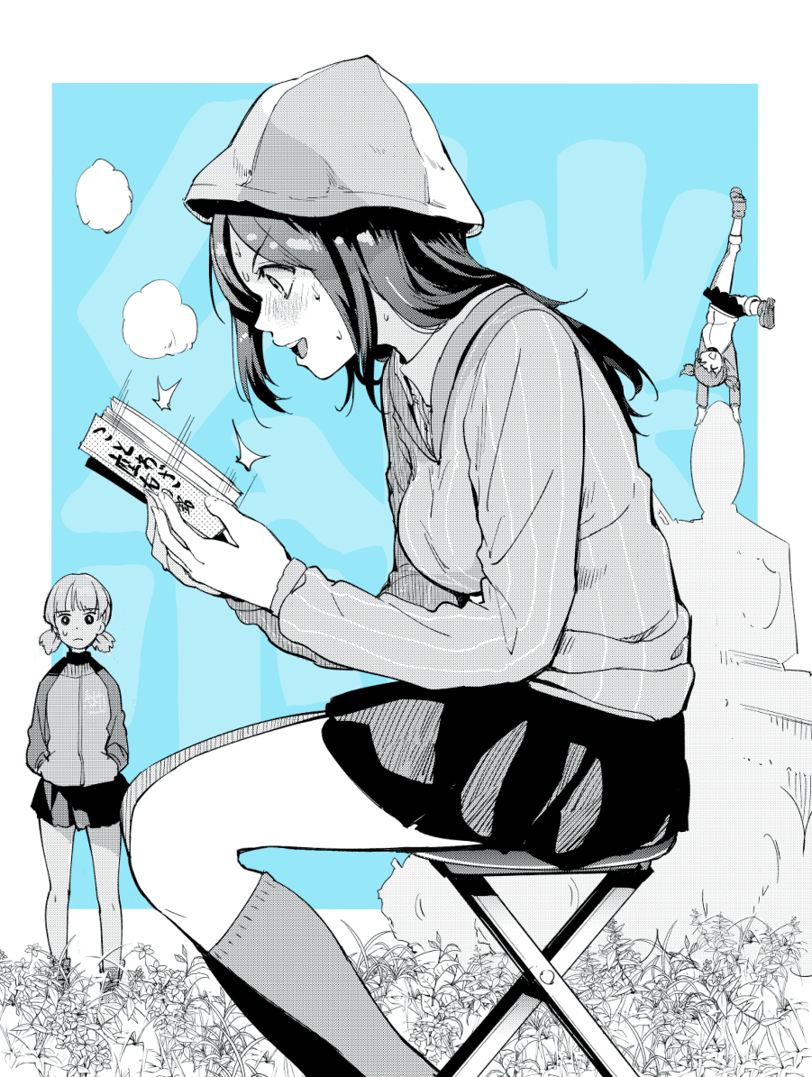 aki_(girls_und_panzer), bangs, blush, book, bt-42, chair, closed_eyes, comic
