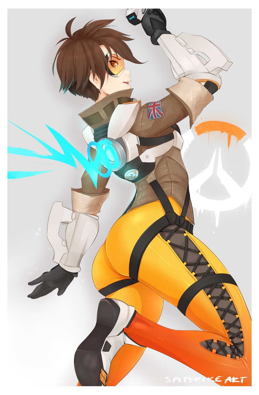 1girl, absurdres, amanda_evelyn_earl, artist_name, ass, brown_hair, goggles, highres